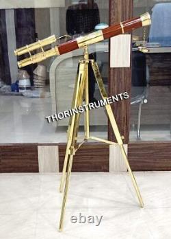 Trépied En Laiton À Double Barre En Laiton Vintage Et Télescope En Bois Brun 27