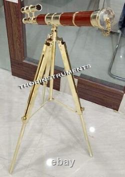 Trépied En Laiton À Double Barre En Laiton Vintage Et Télescope En Bois Brun 27