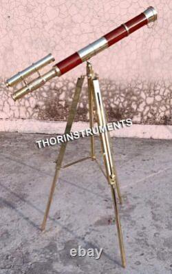 Trépied En Laiton À Double Barre En Laiton Vintage Et Télescope En Bois Brun 27