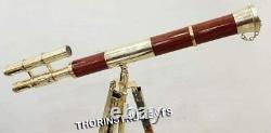 Trépied En Laiton À Double Barre En Laiton Vintage Et Télescope En Bois Brun 27