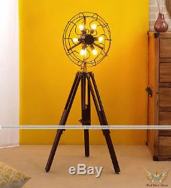 Ventilateur De Lampe De Ventilateur De Support De Sol En Laiton Vintage 6 Avec Support De Trépied En Bois Massif