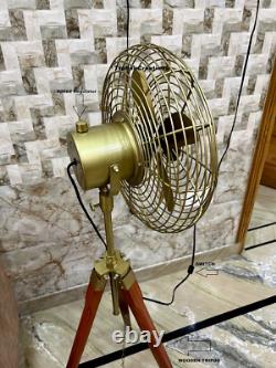 Ventilateur électrique en laiton à finition antique de style vintage avec trépied en bois - Meilleur cadeau