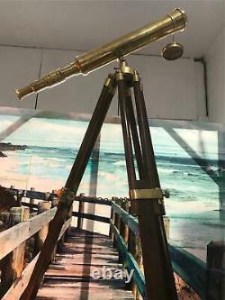 Vieux Télescope Binoculaire En Laiton Nautique Avec Trépied En Bois