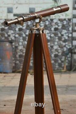 Vieux Télescope En Laiton Nautique Avec Support Trépied En Bois Décor Antique En Cuir