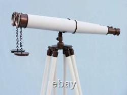 Vieux Télescope En Laiton Sur Trépied En Bois Maritime Réplique Nautique Mnm 230
