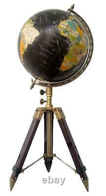 Vintage 12 Atlas Noir De Globe De Monde Et Décor En Bois De Stand De Trépied D’océan De Globe