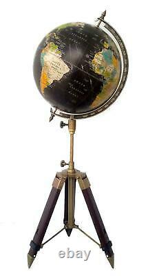 Vintage 12 Atlas Noir De Globe De Monde Et Décor En Bois De Stand De Trépied D’océan De Globe