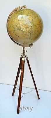 Vintage 12 Grand Globe Mondial Avec Plancher En Bois Trépied Stand Nautique Carte Décor