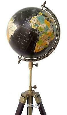 Vintage 12 Monde Noir Globe Atlas & Globe Océan Trépied En Bois Stand Décor