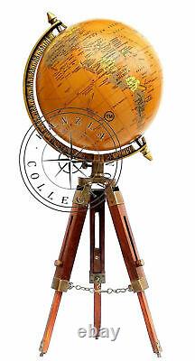 Vintage Brass Antique World Map Table Tripod Globe Ornament With Wooden Stand