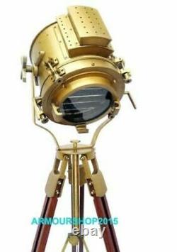 Vintage Brass Nautical Searchlight Floor Lamp Spotlight Lumière Trépied En Bois
