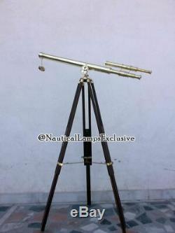 Vintage Brass Nautique Télescope Sur Trépied Décor Marin Stand Réglable En Bois