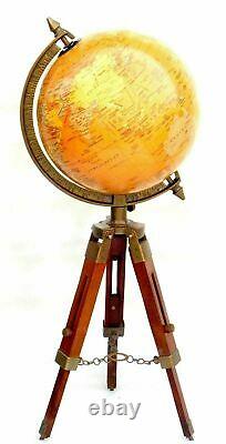 Vintage Brass World Map Table Tripod Globe Ornament W Support En Bois Collectible