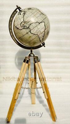 Vintage Globe Avec Support Trépied En Bois Fabriqué À La Main Pour Bureau Et Maison Décor