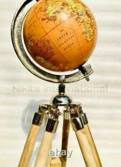 Vintage Globe Avec Support Trépied En Bois Fait Main Pour Bureau Et Décoration Maison