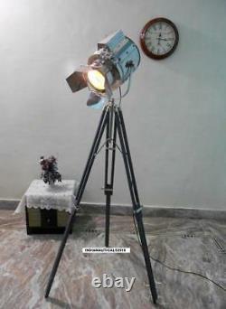 Vintage Lampe De Recherche Lampe De Sol Gris Trépied En Bois Stand Lumière Spot
