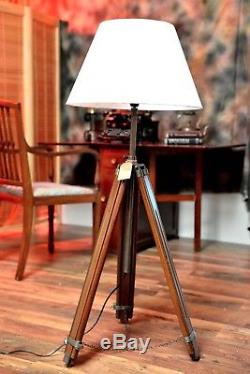 Vintage Nautique Réglable En Bois Trépied Lampe De Plancher Lampe De Salon En Laiton