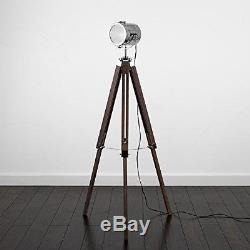 Vintage Rétro Lampe De Plancher Lumière Industrielle Style Photographie Trépied Chrome En Bois
