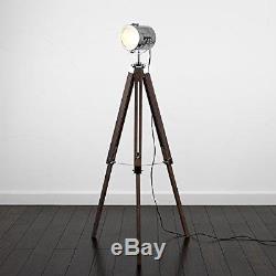 Vintage Rétro Lampe De Plancher Lumière Industrielle Style Photographie Trépied Chrome En Bois