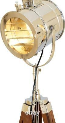 Vintage Rétro Lampe De Recherche Nautique Au Sol Lampe En Métal Spotlight Pieds Trépieds En Bois