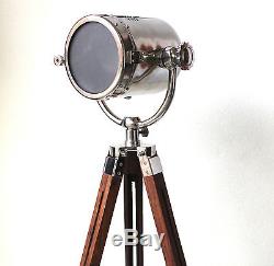 Vintage Retro Nautical Searchlight Lampe De Plancher Tripode En Bois Réglable En Lumière