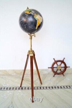 Vintage Rustique Noir Laiton 12 Rotation World Globe Atlas Décor Trépied En Bois