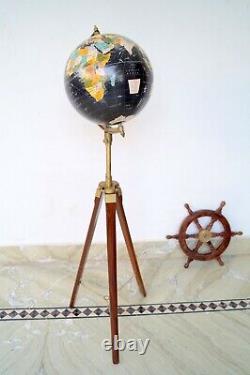 Vintage Rustique Noir Laiton 12 Rotation World Globe Atlas Décor Trépied En Bois