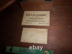 Vintage W. & L. E Gurley Arpenteur Transit Avec Boussole, Trépied En Bois Et Boîtier