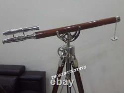 Vintage-maritime-navy-brass-double-barrel-telescope-wheel Brown-wooden-tripod