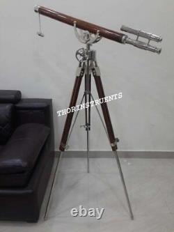 Vintage-maritime-navy-brass-double-barrel-telescope-wheel Brown-wooden-tripod