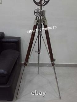 Vintage-maritime-navy-brass-double-barrel-telescope-wheel Brown-wooden-tripod