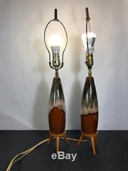 Vtg Lampe Céramique Lot De 2 Avec Pieds En Trépied En Bois MID Century Modern Art Déco 25