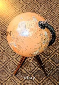 World Map Globe Avec Support Trépied En Bois Ancienne Décoration De Table/desk